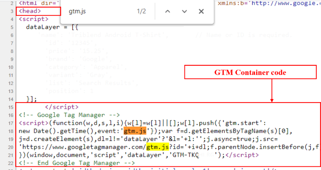 gtm container code under head tag