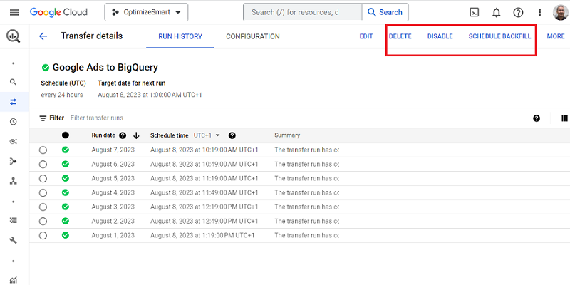 delete disable schedule backfill data transfer