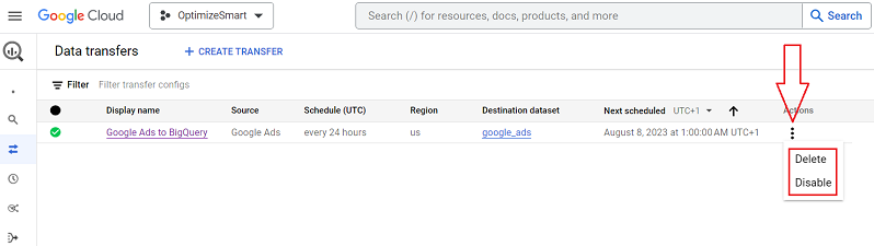 delete or disable a data transfer service from the three dots ‘Action menu