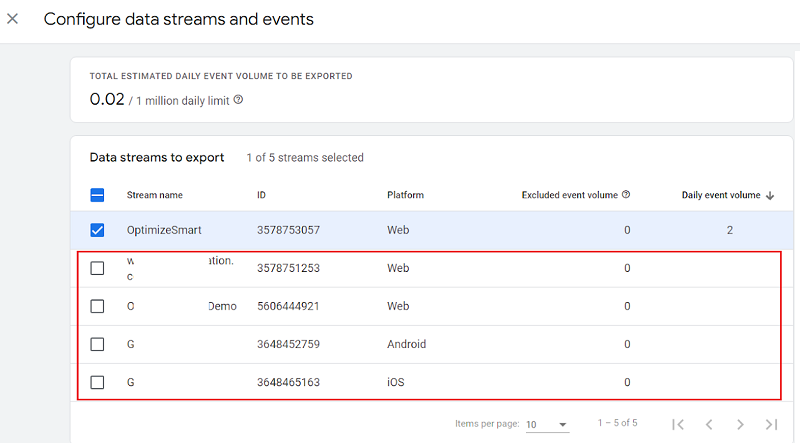 Unselect the data streams that you dont want to export to BigQuery