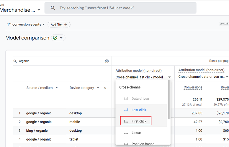 Select the reference attribution model first click