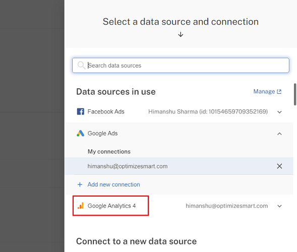 Click on ‘Google Analytics 4 under the ‘Data Sources in use section