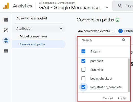 select conversion events