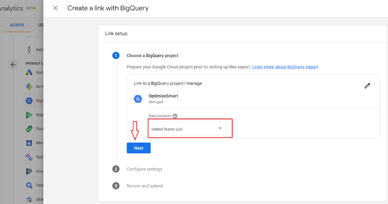 Select your data location from the drop down menu