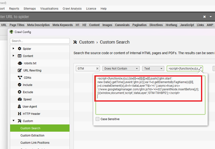 Paste the copied GTM container code in the expanded search query