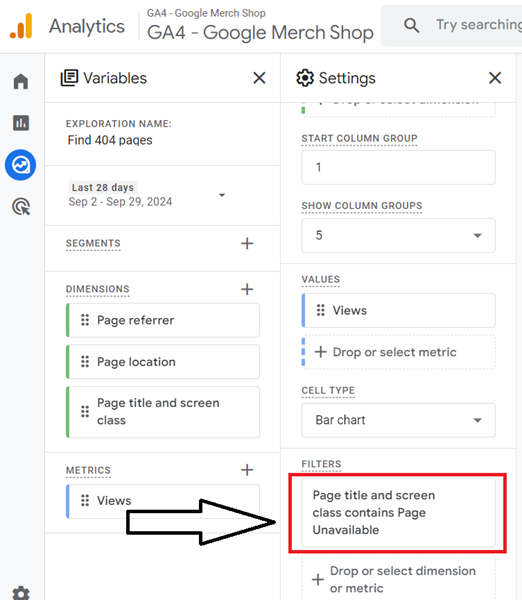 How to find 404 pages (broken links) in GA4 5 dimensions filter