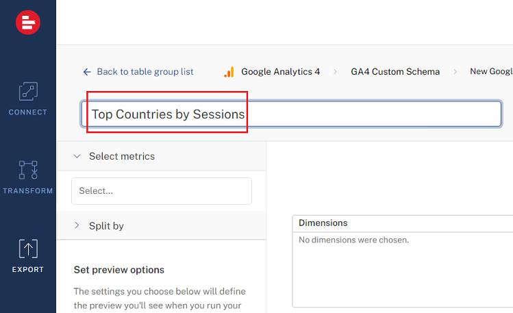 Name the new data table ‘Top Countries by Sessions