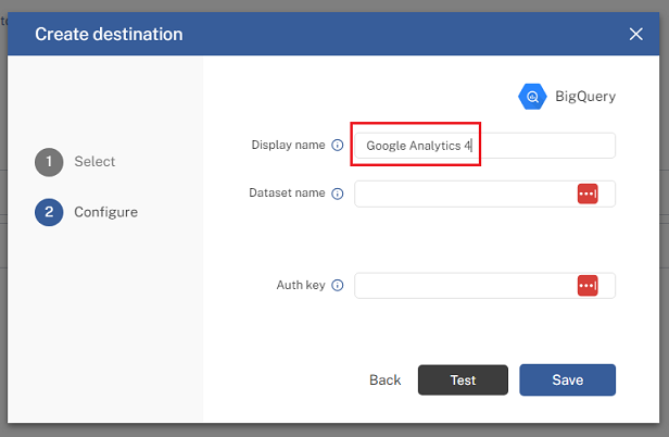 Enter ‘Google Analytics 4 in the ‘Display Name field