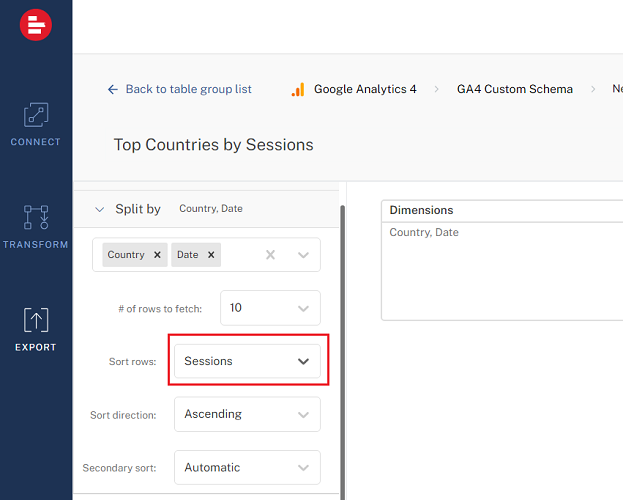 Select ‘Sessions from the ‘Sort rows drop down menu