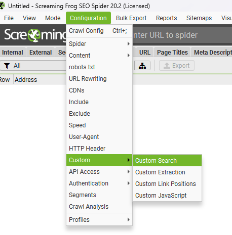 ‘Custom Search to open the custom search configuration screen