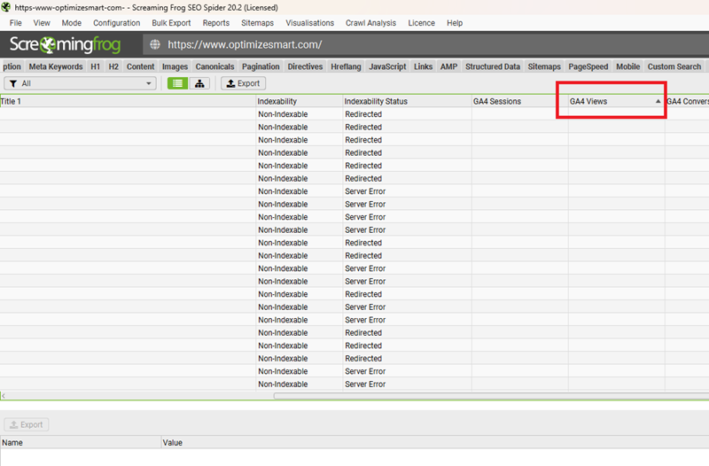 Sort the pages by the Pageviews metric in ascending order