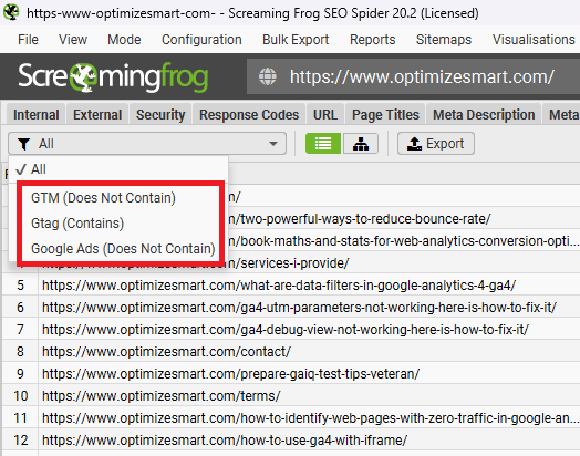 Use the drop down menu to filter out the list of URLs which contain or do not contain a specific tag 2