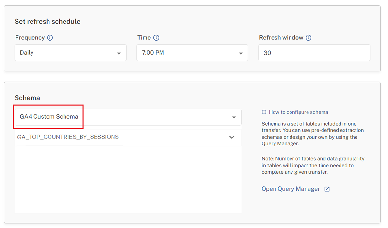 Select ‘GA4 Custom Schema from the drop down menu
