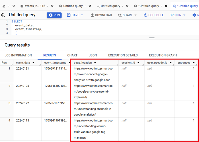 Calculating Landing Page Dimension in GA4 BigQuery 3 both user pseudo id and session id are null
