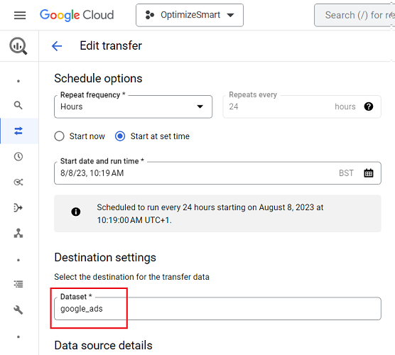 Change the destination dataset