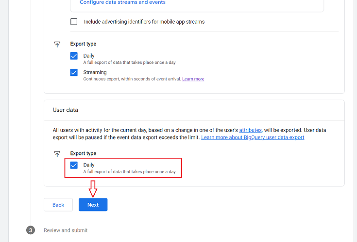 click on the checkbox next to ‘Daily under ‘User Data