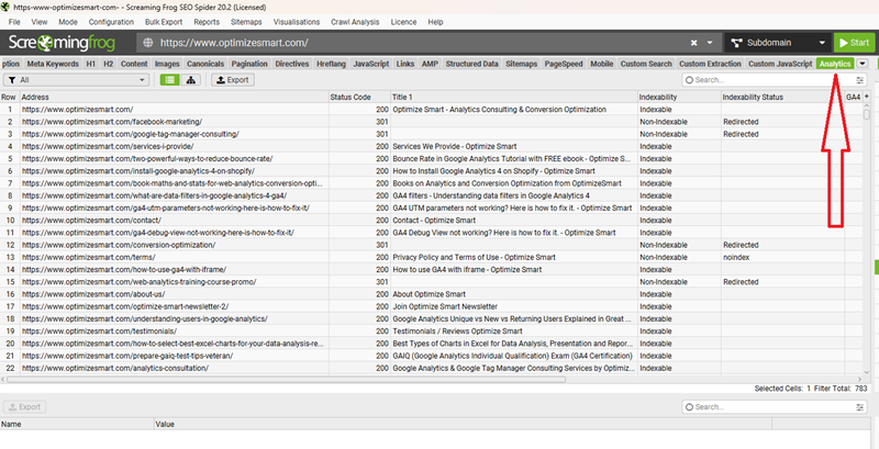 Once the crawl is complete find and click on the ‘Analytics tab