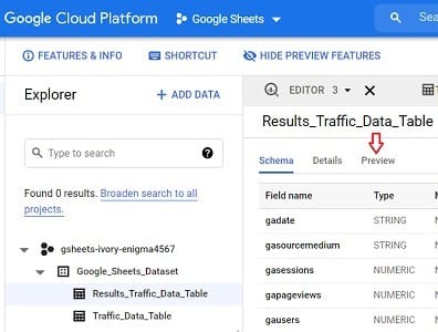 Connect and transfer data from Google Sheets to BigQuery 35 preview tab
