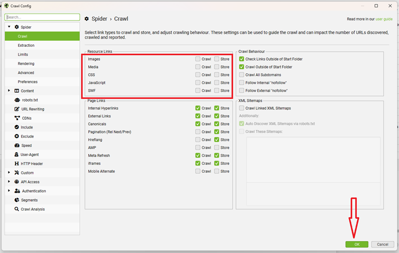 Uncheck the following checkboxes to speed up your website crawl