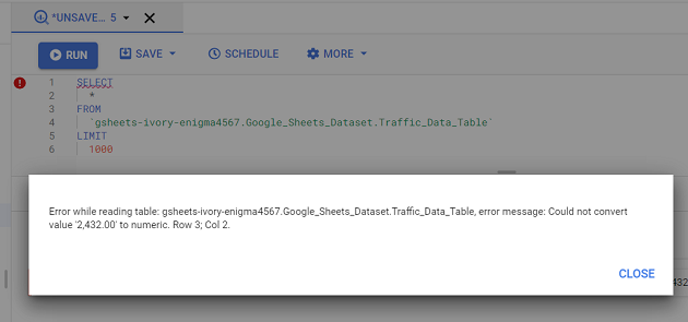 Connect and transfer data from Google Sheets to BigQuery 27 query failed bigquery