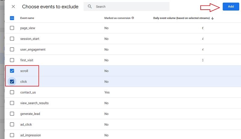 Select the events you want to