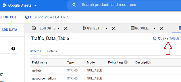 Connect and transfer data from Google Sheets to BigQuery 24 QUERY TABLE