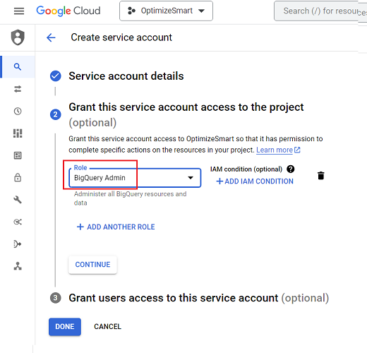 Select ‘BigQuery Admin from the ‘Role drop down menu 1