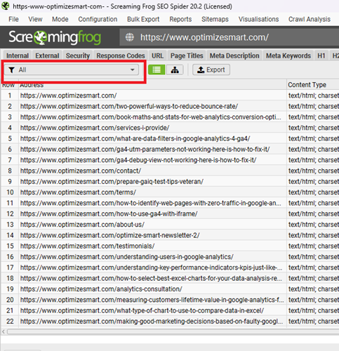 Use the drop down menu to filter out the list of URLs which contain or do not contain a specific tag