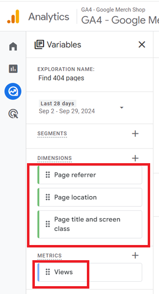 How to find 404 pages (broken links) in GA4 2 ga4 dimensions and metrics