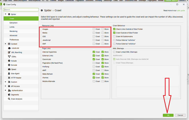 Uncheck the following checkboxes to speed up your website crawl