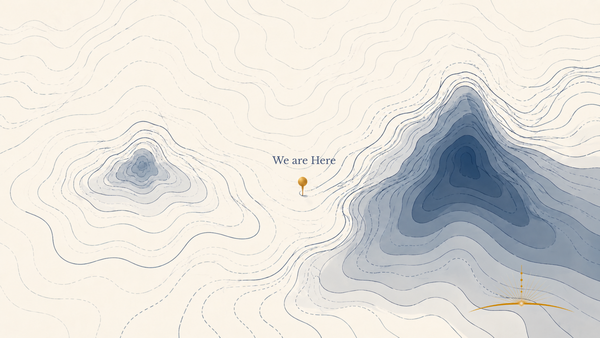 Topographic illustration showing two peaks separated by a valley. A gold pin labeled "We are Here" sits in the valley. First Light publication mark in the corner.