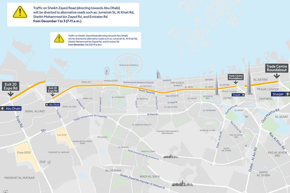 RTA to divert traffic on roads leading to Sheikh Zayed Road in direction of Abu Dhabi on occasion of COP28
