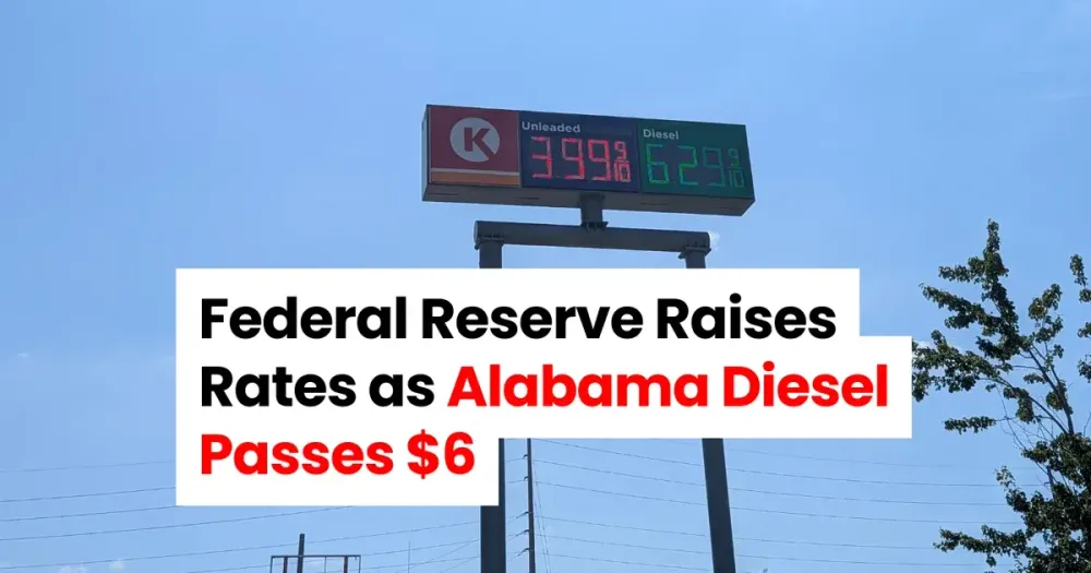 Fuel price sign in Huntsville, Alabama on September 17, 2026 showing diesel at $6.29 and regular gasoline at $3.99 the day after the Federal Reserve rate hike