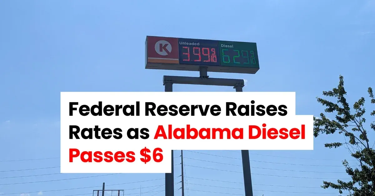Fuel price sign in Huntsville, Alabama on September 17, 2026 showing diesel at $6.29 and regular gasoline at $3.99 the day after the Federal Reserve rate hike
