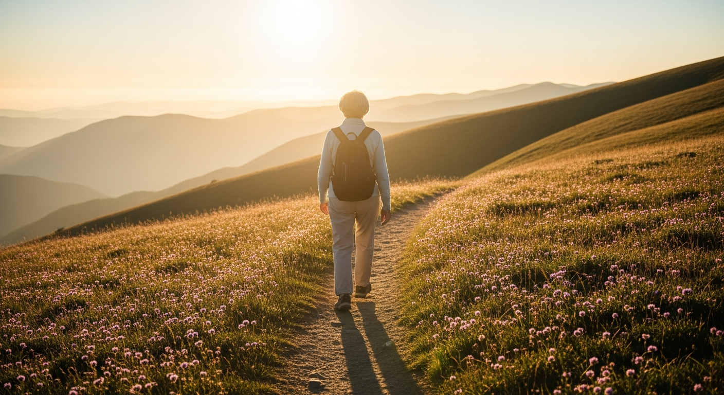 Femme marchant seule sur un sentier de montagne au soleil levant, symbole de vieillesse active et autonome