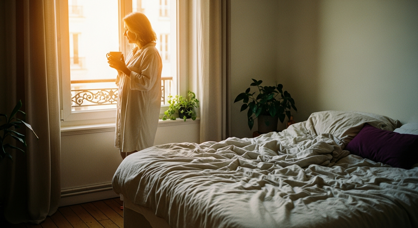 Femme de la cinquantaine devant la fenêtre de sa chambre au petit matin, tasse de café à la main