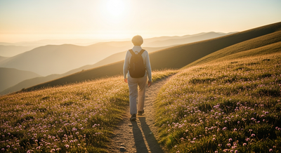 Femme marchant seule sur un sentier de montagne au soleil levant, symbole de vieillesse active et autonome