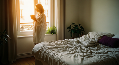 Femme de la cinquantaine devant la fenêtre de sa chambre au petit matin, tasse de café à la main