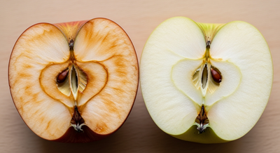 Deux moitiés d'une pomme coupée en gros plan, la moitié gauche oxydée et brunie, la moitié droite encore fraîche et ivoire, métaphore visuelle du stress oxydatif