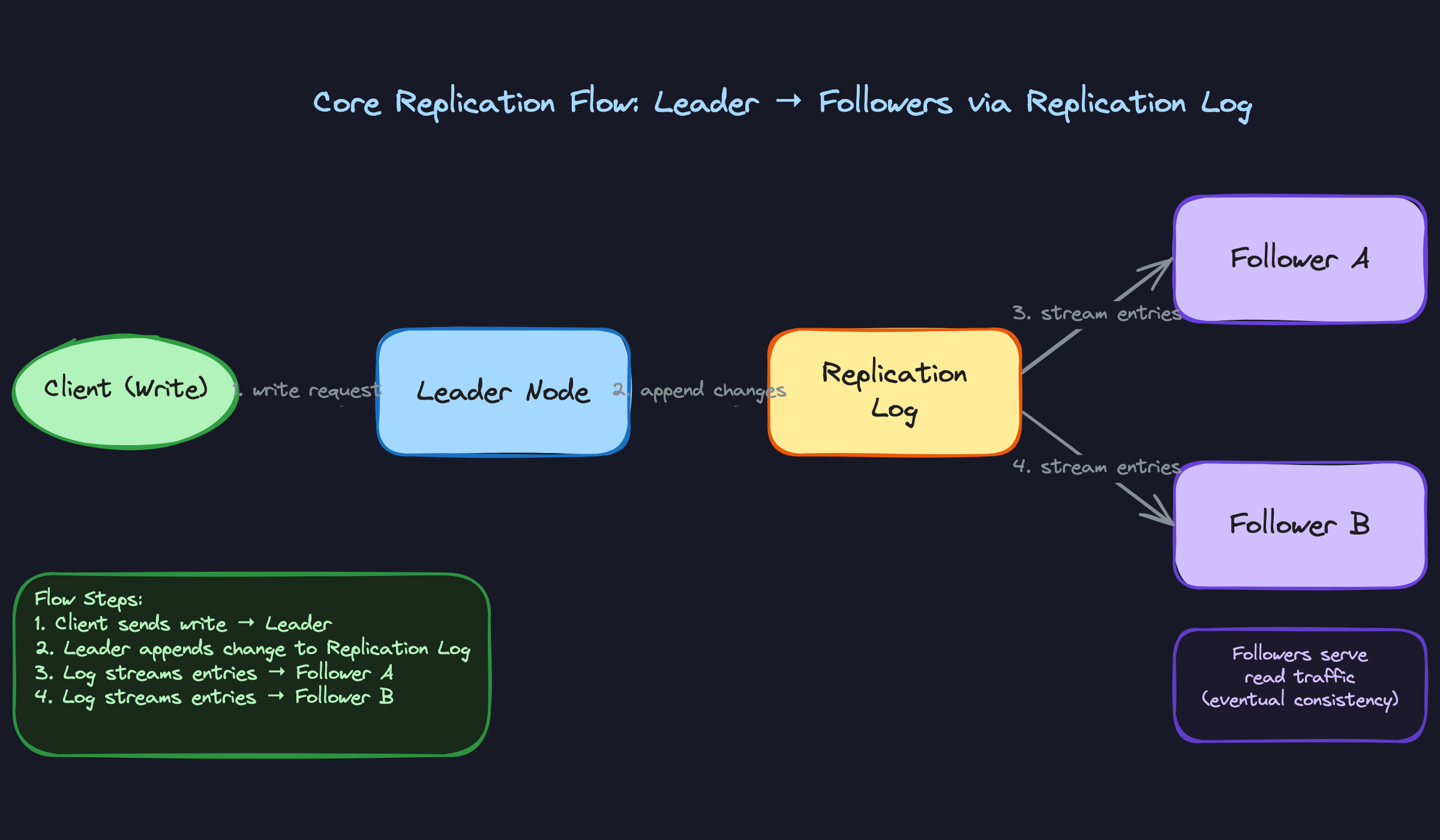 Core Replication Flow: Leader to Followers via Replication Log Core Replication Flow: Leader to Followers via Replication Log