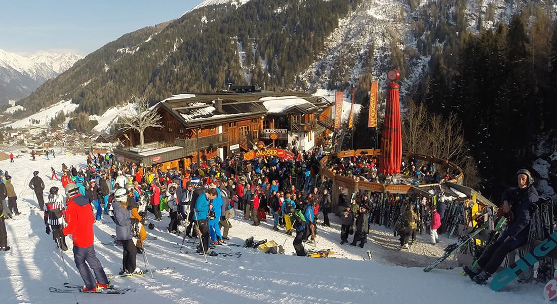 Crowds gather outside Mooserwirt in St Anton