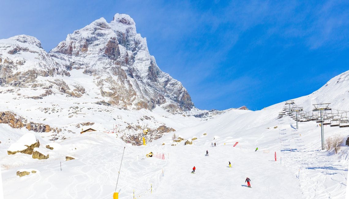 A gentle ski slope in Cervinia with the Matterhorn in the background