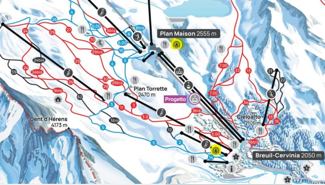 Piste map of Cervinia zoomed in on the beginner nursery areas