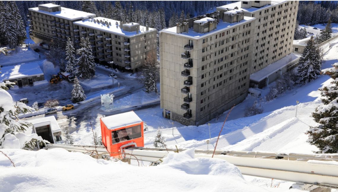 Funicular in Flaine wtih buildings in background