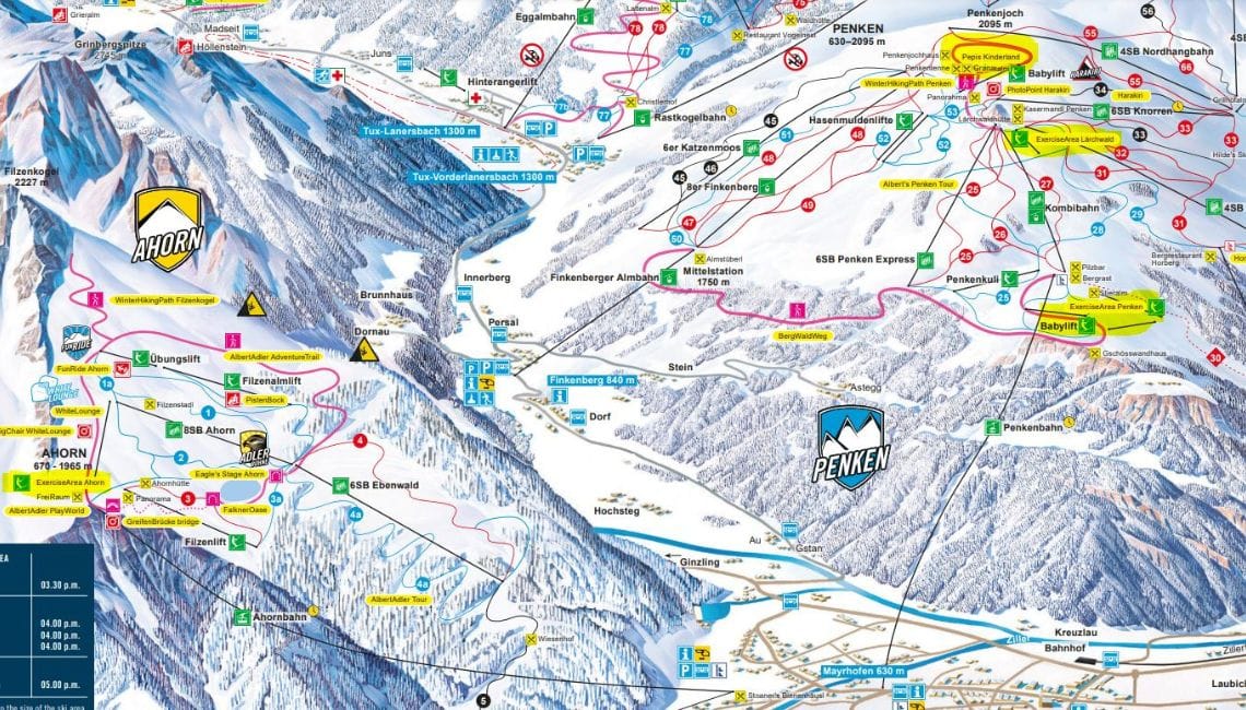 Piste map of Mayrhofen with nursery areas highlighted
