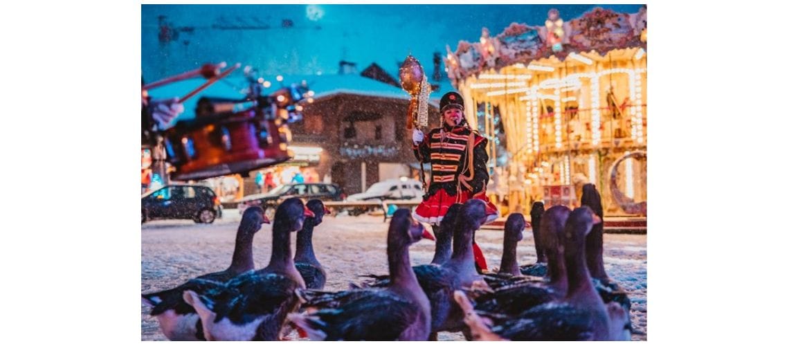 Geese walking about with person directing them behind them