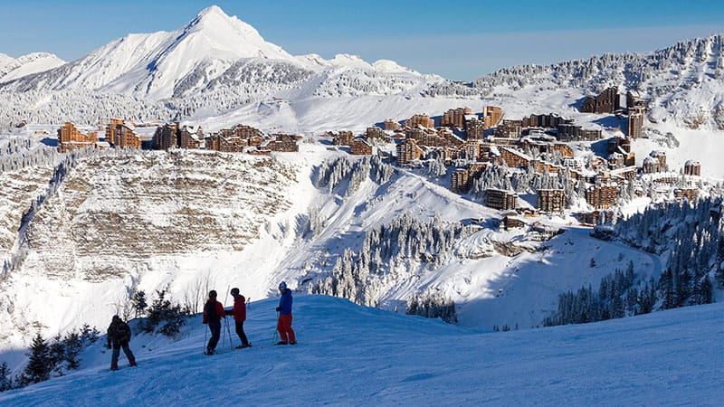 Avoriaz wooden apartment blocks in background