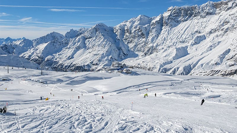 Wide open slope in Cervinia with mountain backdrop