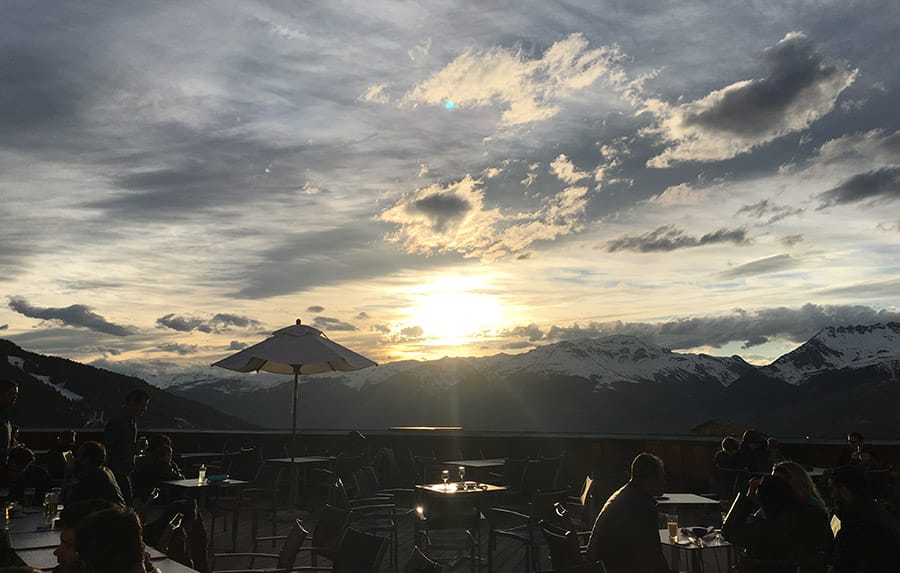 Sunset from balcony of Club Med with mountain scenery