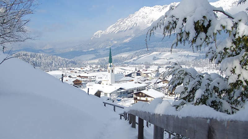 Ellmau resort with church spire and mountain backdrop